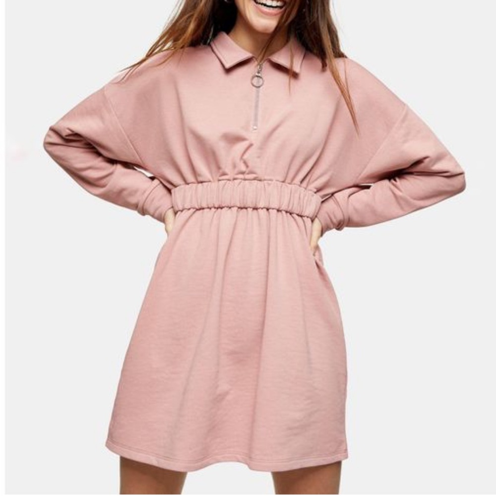 Topshop Women's Pink Quarter Zip Long Sleeve Minidress - Picture 1 of 8